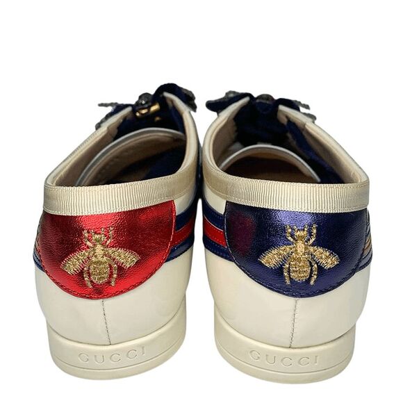 Gucci Falacer Patent Leather Sneakers 38 White Red Blue Bee Crystal Low Top - Picture 7 of 11